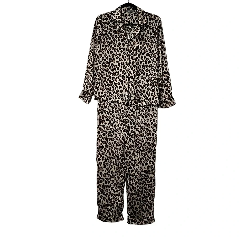 LOFT Satin Leopard Print Notch Collar Pajama Set Womens Small Brown Black LL025